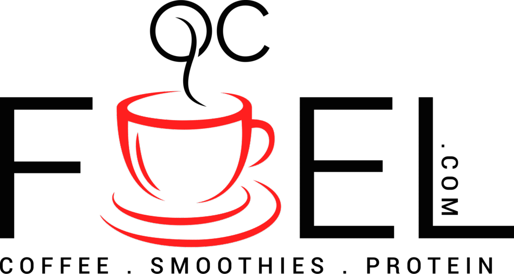 QC Fuel logo featuring a stylized red coffee cup and saucer with bold black typography spelling out “QC Fuel.”