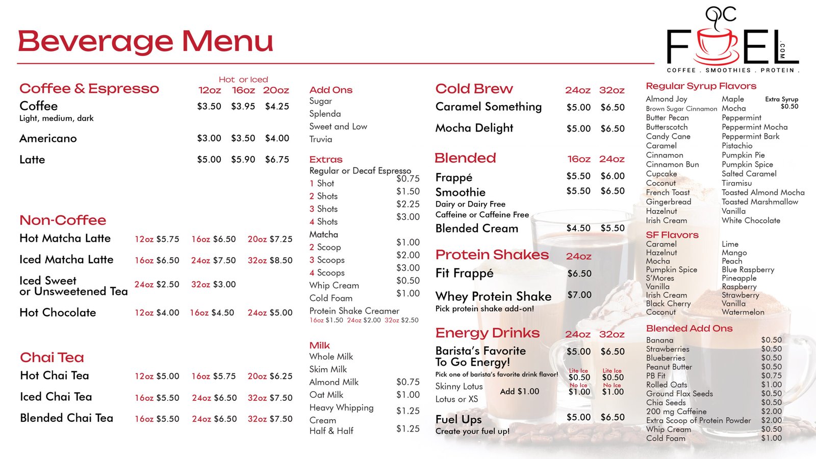 QC Fuel beverage menu displaying coffee, espresso, tea, protein shakes, smoothies, cold brew, and energy drink options with pricing and add-ons.